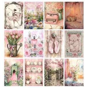 May include: A collection of watercolor art prints featuring a ballerina, tea setting, pink typewriter, canopy bed, tulips in a watering can, perfume bottles, ballet slippers, sleeping kitten, garden scene, teacups, and a floral pathway. The color palette is primarily pink.