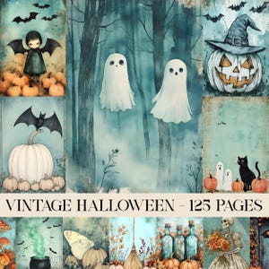 Pages d&#39;Halloween pour le journal indésirable, page de scrapbooking vintage, journal indésirable gothique, fantôme mignon, citrouille orange, chauve-souris gothique, sorcière, téléchargement numérique