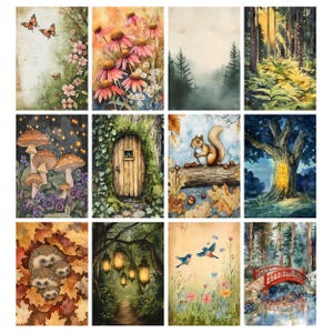 Pu&ograve; includere: Una collezione di dodici stampe artistiche ad acquerello raffiguranti scene naturali. Le stampe raffigurano farfalle, fiori, foreste, funghi, uno scoiattolo, un albero con un simbolo luminoso, ricci, una porta delle fate, lanterne, uccelli e un ponte rosso.