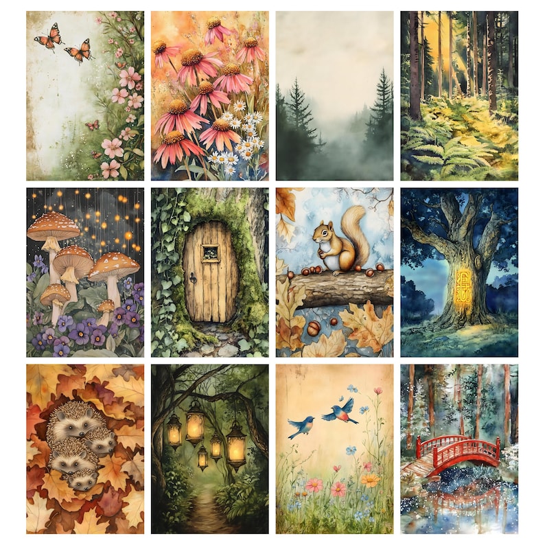 Pu&ograve; includere: Una collezione di dodici stampe artistiche ad acquerello raffiguranti scene naturali. Le stampe raffigurano farfalle, fiori, foreste, funghi, uno scoiattolo, un albero con un simbolo luminoso, ricci, una porta delle fate, lanterne, uccelli e un ponte rosso.