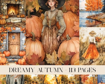 Aquarel herfst ongewenste dagboek afdrukbare pagina's, herfst ongewenste dagboek kit, herfst ongewenste dagboek papier, herfst ongewenste dagboek, digitaal collageblad