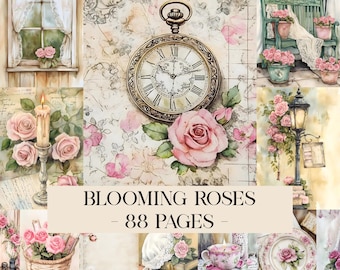 Peut inclure: Un collage d'illustrations à l'aquarelle avec des roses, une montre de poche et des éléments vintage. Le texte "Blooming Roses - 88 Pages" est affiché. La palette de couleurs comprend du rose, crème et vert.