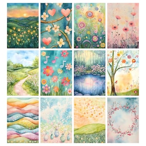 May include: A collection of watercolor paintings featuring floral and landscape themes. Each painting showcases vibrant colors and delicate details, including flowers, trees, and scenic views. The artwork evokes a sense of tranquility and natural beauty, perfect for wall art.