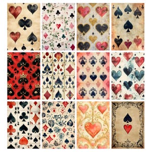 May include: A collection of twelve playing card designs. The cards feature watercolor illustrations of hearts, spades, clubs, and diamonds in various patterns and colors, including red, black, blue, and gold. The designs have a vintage, artistic aesthetic.
