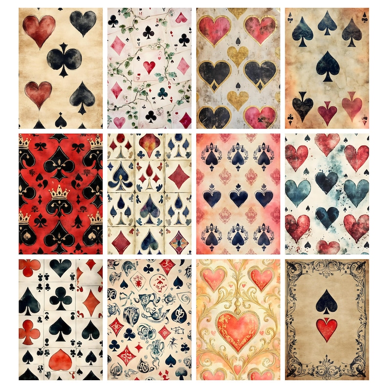 May include: A collection of twelve playing card designs. The cards feature watercolor illustrations of hearts, spades, clubs, and diamonds in various patterns and colors, including red, black, blue, and gold. The designs have a vintage, artistic aesthetic.