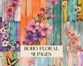 May include: A digital collage featuring floral designs and a butterfly against a backdrop of weathered, colorful wooden planks. The text "BOHO FLORAL - 91 PAGES -" is displayed in a cream-colored rectangle, suggesting a collection of digital art or scrapbook elements.