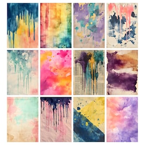Puede incluir: Una colecci&oacute;n de doce pinturas de acuarela abstractas. Cada obra presenta una mezcla &uacute;nica de colores, incluyendo azules, amarillos, rosas, morados y verdes, con efectos de goteo y salpicaduras sobre papel texturizado. Ideal para la decoraci&oacute;n del hogar.