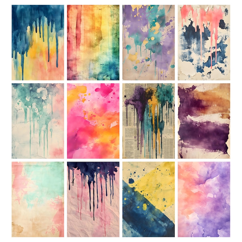 Puede incluir: Una colecci&oacute;n de doce pinturas de acuarela abstractas. Cada obra presenta una mezcla &uacute;nica de colores, incluyendo azules, amarillos, rosas, morados y verdes, con efectos de goteo y salpicaduras sobre papel texturizado. Ideal para la decoraci&oacute;n del hogar.