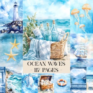 May include: Watercolour artwork depicting various ocean scenes. Includes a lighthouse, starfish, a picnic basket with bottles, jellyfish, a sailboat, a treasure chest, and a life preserver. The text "OCEAN WAVES - 117 PAGES" is also present.