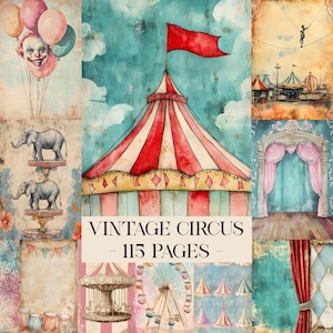 Puede incluir: Un collage de ilustraciones de circo vintage. La imagen central presenta una carpa de circo a rayas rojas y blancas sobre un cielo azul. Otros paneles muestran un payaso con globos, elefantes, un funambulista y un tiovivo. El texto dice "VINTAGE CIRCUS - 115 PAGES".