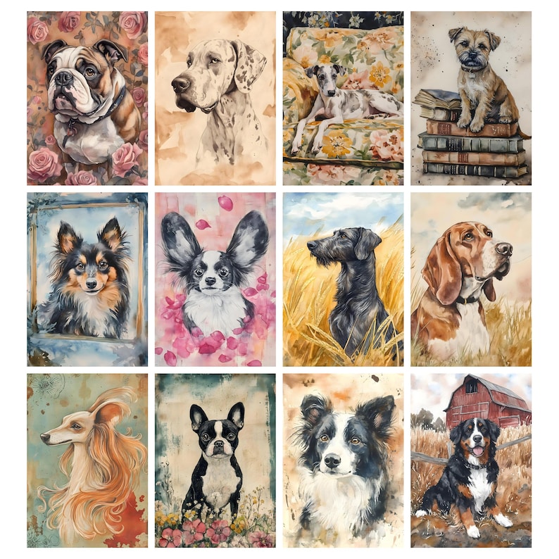 May include: A collection of twelve watercolor paintings featuring different dog breeds. Each painting showcases a detailed portrait of a dog, with varying backgrounds and artistic styles, including floral and rustic settings.