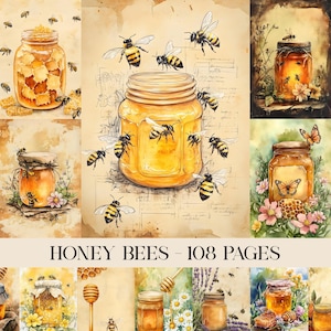 May include: A collage of illustrations featuring jars of honey and honeybees. The jars are filled with golden honey, and the bees are depicted in flight around the jars. The text "HONEY BEES - 108 PAGES" is at the bottom of the image.