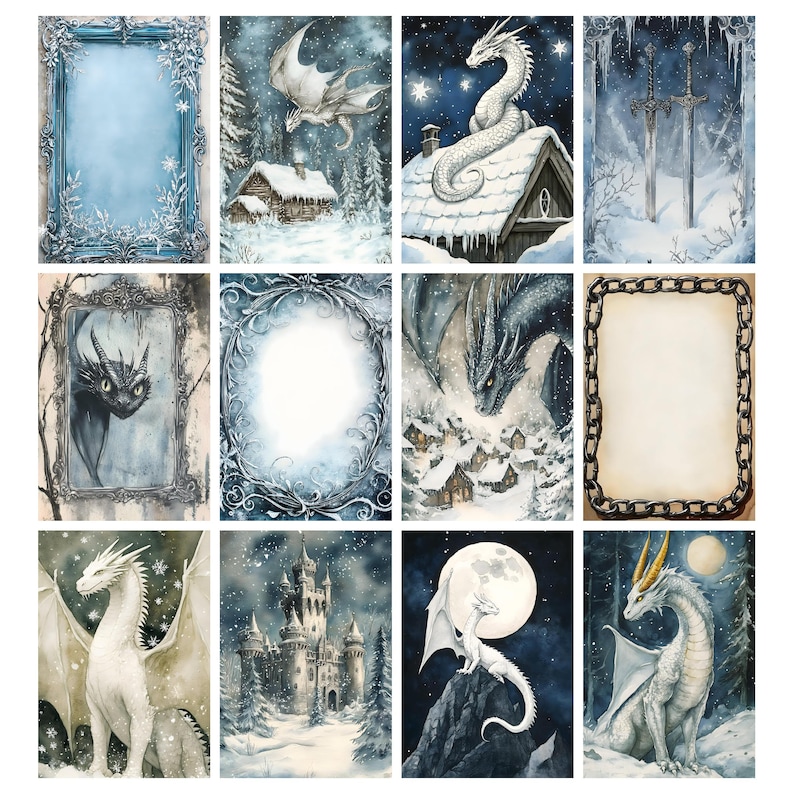 May include: A collection of watercolor illustrations featuring fantasy themes. The images depict dragons, castles, and winter landscapes. Each piece showcases a unique composition with detailed artwork and a cool color palette.
