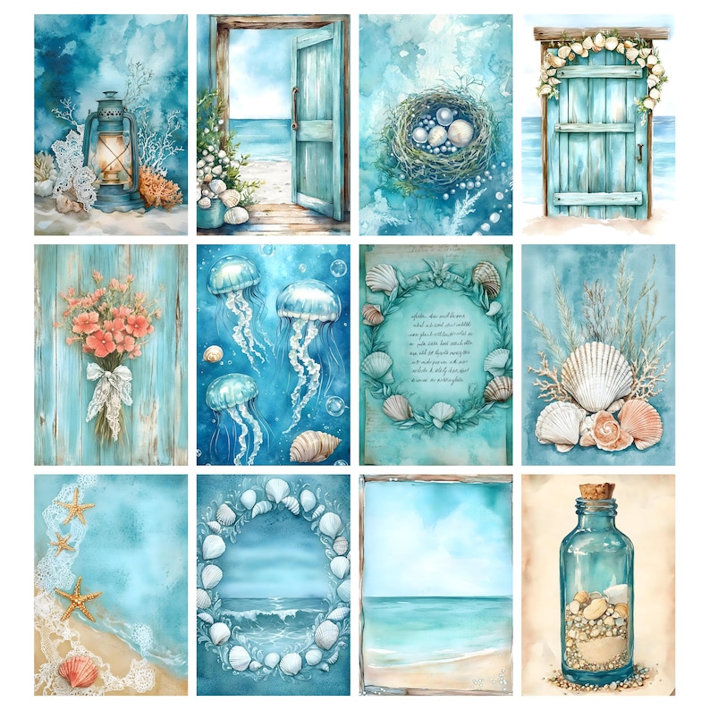 Op de afbeelding: Een verzameling aquarelprints met een kustthema. De prints tonen verschillende oceaan elementen, waaronder schelpen, kwallen, een lantaarn en een deur die naar de zee leidt. Het kleurenpalet bestaat voornamelijk uit tinten blauw en turquoise.