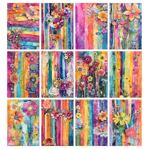 May include: A collection of twelve vibrant watercolor paintings. Each features colorful vertical stripes in shades of orange, pink, purple, and blue. The paintings are adorned with floral arrangements in various sizes and colors, creating a whimsical and artistic display.