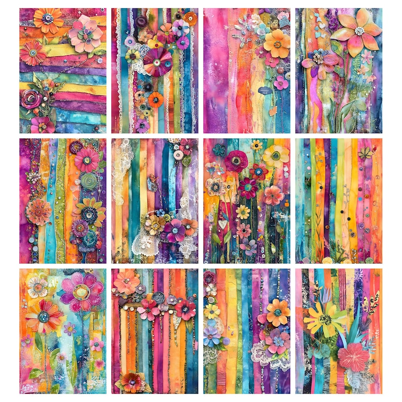 May include: A collection of twelve vibrant watercolor paintings. Each features colorful vertical stripes in shades of orange, pink, purple, and blue. The paintings are adorned with floral arrangements in various sizes and colors, creating a whimsical and artistic display.