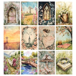 K&ouml;nnte beinhalten: Eine Sammlung von zw&ouml;lf Aquarelldrucken mit pastoralen und religi&ouml;sen Themen. Die Drucke zeigen Szenen wie eine Holzt&uuml;r, die von Blumen umrahmt ist, eine Windm&uuml;hle auf einem Feld, ein Kirchenfenster und ein Kreuz auf einem Feld.