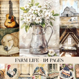 Bauernhof Junk Journal Seiten Scrapbook Wandkunst, Vintage Landschaft, Natur, Tiere, Blumen, Botanische, druckbare Ephemera, digitales Papier