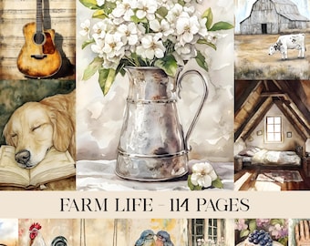 Farm Life Junk Journal Pages Scrapbook Wall Art, Vintage Countryside, Nature, Animals, Floral, Botanical, Printable Ephemera, Digital Paper