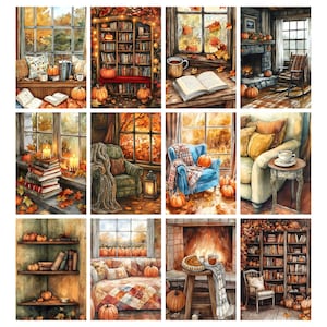 May include: Watercolor paintings depicting cozy autumn scenes. Each scene features warm colors, pumpkins, books, and windows with fall foliage. Some scenes include fireplaces, armchairs, and cups of tea, evoking a sense of comfort and seasonal charm.