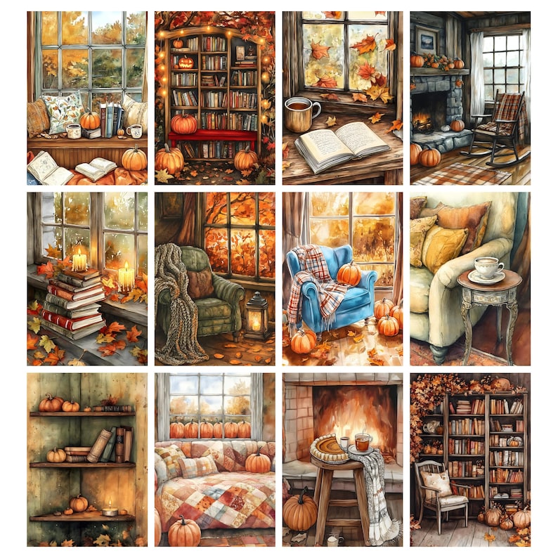 May include: Watercolor paintings depicting cozy autumn scenes. Each scene features warm colors, pumpkins, books, and windows with fall foliage. Some scenes include fireplaces, armchairs, and cups of tea, evoking a sense of comfort and seasonal charm.
