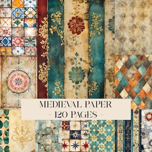 May include: A collection of medieval-themed paper designs. The image showcases various patterns, including floral motifs, geometric tiles, and distressed textures in shades of teal, gold, red, and beige. Text on the image reads "MEDIEVAL PAPER - 120 PAGES".