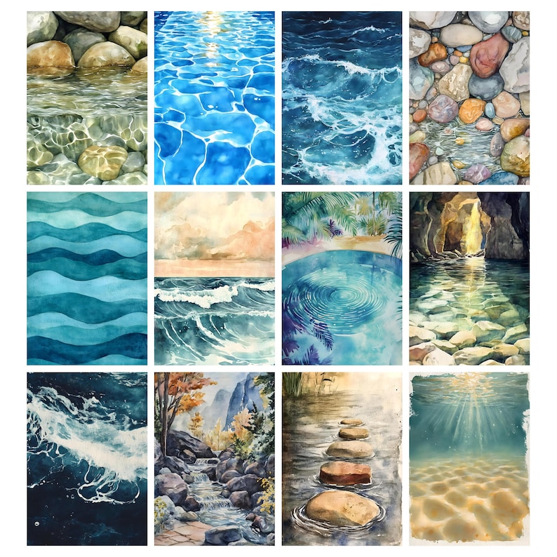 Op de afbeelding: Een verzameling aquarel schilderijen die verschillende water sc&egrave;nes uitbeelden. De afbeeldingen bevatten close-ups van water met rotsen, kabbelend water, oceaangolven en serene zwembaden. Het kleurenpalet wordt gedomineerd door blauw, groen en aardetinten.