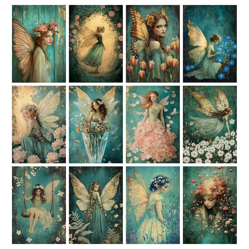 Puede incluir: Una colecci&oacute;n de doce impresiones art&iacute;sticas verticales con ilustraciones de hadas et&eacute;reas. Cada impresi&oacute;n muestra un hada con delicadas alas, adornada con flores, sobre un fondo de naturaleza en colores suaves y apagados. La obra de arte evoca una atm&oacute;sfera caprichosa y encantadora.