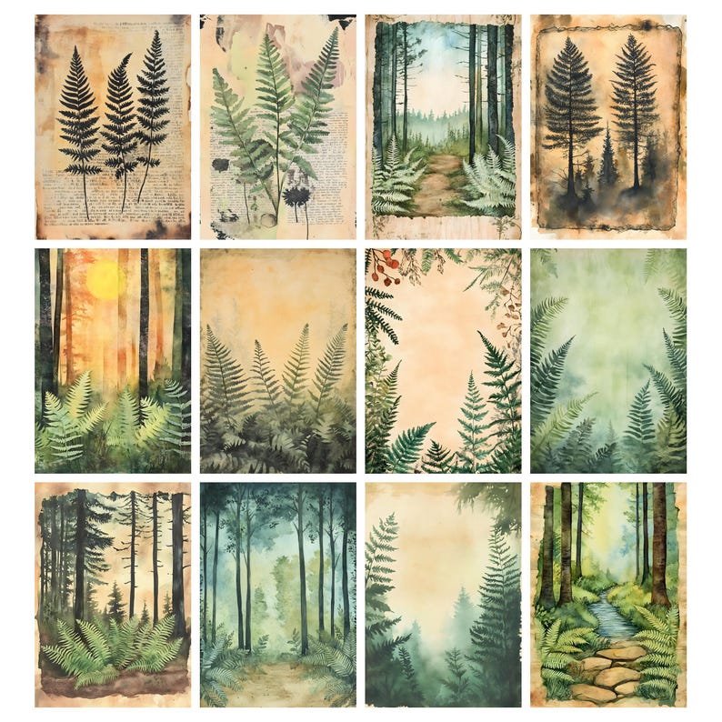 May include: A collection of twelve watercolor art prints featuring forest and fern illustrations. The prints showcase various forest scenes with ferns, trees, and pathways. The color palette includes greens, browns, and yellows, with some prints having a vintage paper background.