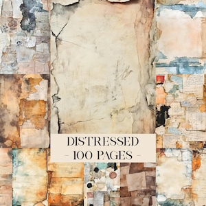 Puede incluir: Un collage de texturas de papel envejecido en tonos beige, marrón y azul. La imagen incluye bordes rasgados, fragmentos de papel envejecido y el texto "DISTRESSED - 100 PAGES -" en una pancarta crema.