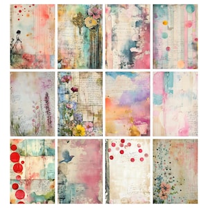 May include: A collection of twelve watercolor-style papers with a vintage aesthetic. Each paper features a unique design with floral elements, script, and abstract watercolor washes in soft pastel colors like pink, blue, and yellow. The papers are ideal for scrapbooking and crafting.
