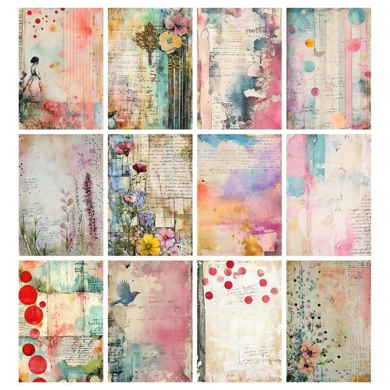 May include: A collection of twelve watercolor-style papers with a vintage aesthetic. Each paper features a unique design with floral elements, script, and abstract watercolor washes in soft pastel colors like pink, blue, and yellow. The papers are ideal for scrapbooking and crafting.