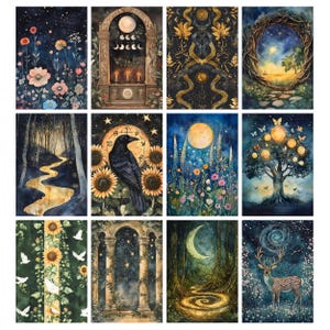 May include: A collection of twelve watercolor art prints featuring celestial and nature-inspired themes. Each print showcases a unique scene, including starry skies, flowers, a raven, a full moon, and a deer. The color palette includes blues, greens, and golds.