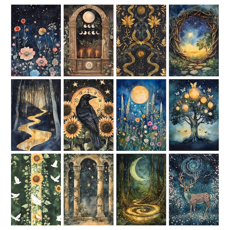 May include: A collection of twelve watercolor art prints featuring celestial and nature-inspired themes. Each print showcases a unique scene, including starry skies, flowers, a raven, a full moon, and a deer. The color palette includes blues, greens, and golds.