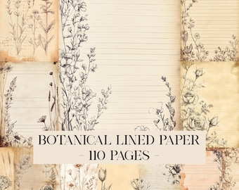 Printable Botanical Lined Journal Papers, Floral Tea Stained Pages, Flower Junk Journal Pages, Printable Botanical, Vintage Neutral Ephemera