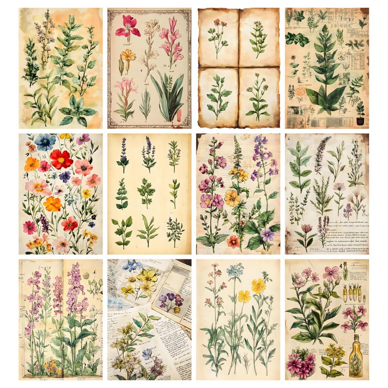 May include: A collection of botanical art prints featuring watercolor illustrations of various flowers and plants. The prints showcase a vintage aesthetic with aged paper backgrounds and detailed botanical drawings. The color palette includes greens, pinks, yellows, and purples.