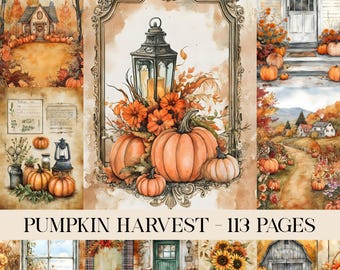 May include: A collage of watercolor illustrations with a fall harvest theme. The images include pumpkins, a lantern, and autumn foliage. The text "PUMPKIN HARVEST - 113 PAGES" is displayed at the bottom of the image.
