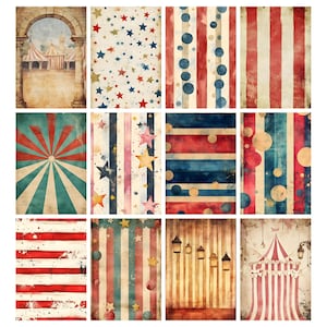 May include: A collection of vintage-style circus and carnival-themed digital papers. Designs include star patterns, striped backgrounds in red, blue, and cream, and a circus tent illustration. The papers have a distressed, aged appearance.