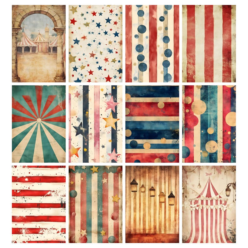 May include: A collection of vintage-style circus and carnival-themed digital papers. Designs include star patterns, striped backgrounds in red, blue, and cream, and a circus tent illustration. The papers have a distressed, aged appearance.