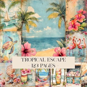 Peut inclure: Un collage d'illustrations à l'aquarelle sur le thème tropical. Les scènes comprennent une plage avec des palmiers, des voiliers, des flamants roses, des fleurs d'hibiscus, une tortue de mer et le texte "TROPICAL ESCAPE - 123 PAGES".