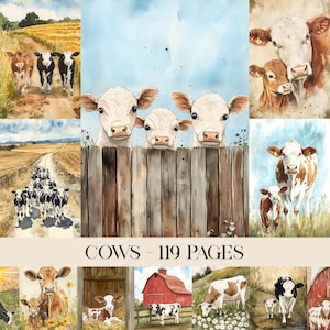 Könnte beinhalten: Eine Sammlung von Aquarellillustrationen mit Kühen in verschiedenen Umgebungen. Die Bilder zeigen Kühe auf Feldern, in der Nähe von Scheunen und hinter Zäunen. Der Text "COWS - 119 PAGES" wird am unteren Rand des Bildes angezeigt.