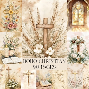 Può includere: Un collage di illustrazioni ad acquerello con tema Boho Christian. Le immagini presentano croci decorate con fiori, grano e verde. Il testo "BOHO CHRISTIAN - 90 PAGES" è visualizzato al centro.