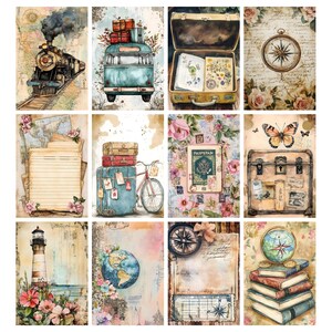 May include: A collection of watercolor-style travel-themed illustrations. Images include a vintage train, a blue bus with luggage, an open suitcase, a compass, a stack of lined paper, a stack of suitcases with a bicycle, a passport, a butterfly, a lighthouse, a globe, and a stack of books.