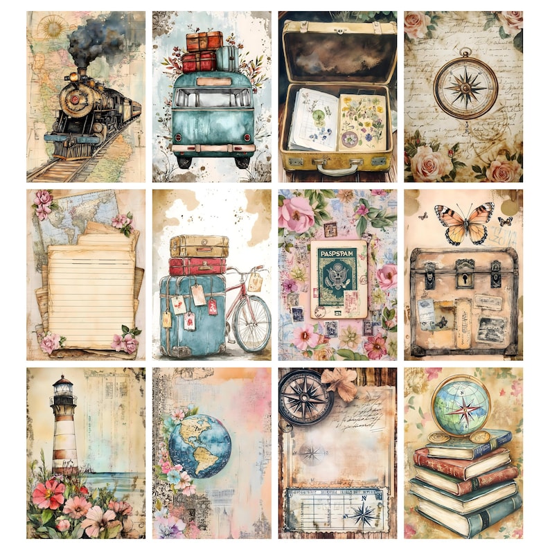 May include: A collection of watercolor-style travel-themed illustrations. Images include a vintage train, a blue bus with luggage, an open suitcase, a compass, a stack of lined paper, a stack of suitcases with a bicycle, a passport, a butterfly, a lighthouse, a globe, and a stack of books.