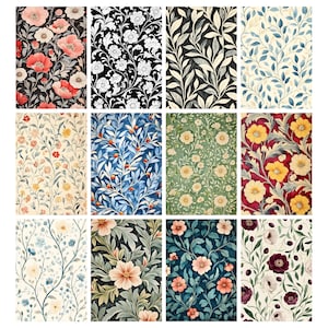 May include: A collection of floral pattern designs. The patterns feature various flowers and foliage in a range of colors, including red, pink, yellow, blue, and green, set against dark and light backgrounds. The designs are suitable for wallpaper or fabric.