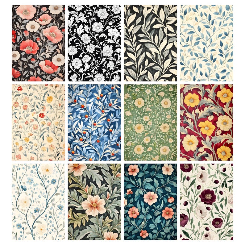 May include: A collection of floral pattern designs. The patterns feature various flowers and foliage in a range of colors, including red, pink, yellow, blue, and green, set against dark and light backgrounds. The designs are suitable for wallpaper or fabric.