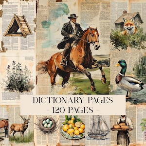 Könnte beinhalten: Eine Collage von Illustrationen im Vintage-Stil auf Wörterbuchseiten. Die Bilder zeigen einen Mann auf einem Pferd, einen Fuchs in der Nähe eines Hauses, ein Reh, eine Ente, Zitronen, ein Schiff und eine Person, die Brot hält. Der Text lautet "DICTIONARY PAGES - 120 PAGES".