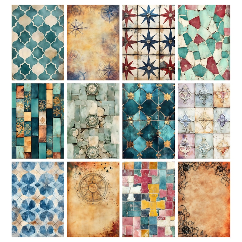 May include: A collection of twelve decorative tiles with various patterns and designs. The tiles feature a range of colors, including teal, blue, red, and gold. Some tiles have compass rose designs, while others showcase geometric and mosaic patterns.