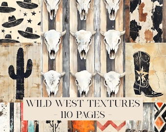Papéis digitais com texturas do Velho Oeste, itens imprimíveis de cowboy, colagem de scrapbooking com cavalo texano e cowgirl, páginas do Velho Oeste, diário de faroeste