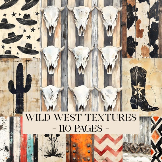 Wild West Textures Digital Papers, Cowboy Printable Ephemera, Texas Horse Cowgirl Scrapbooking Collage Sheet Wild West Pages Western Journal